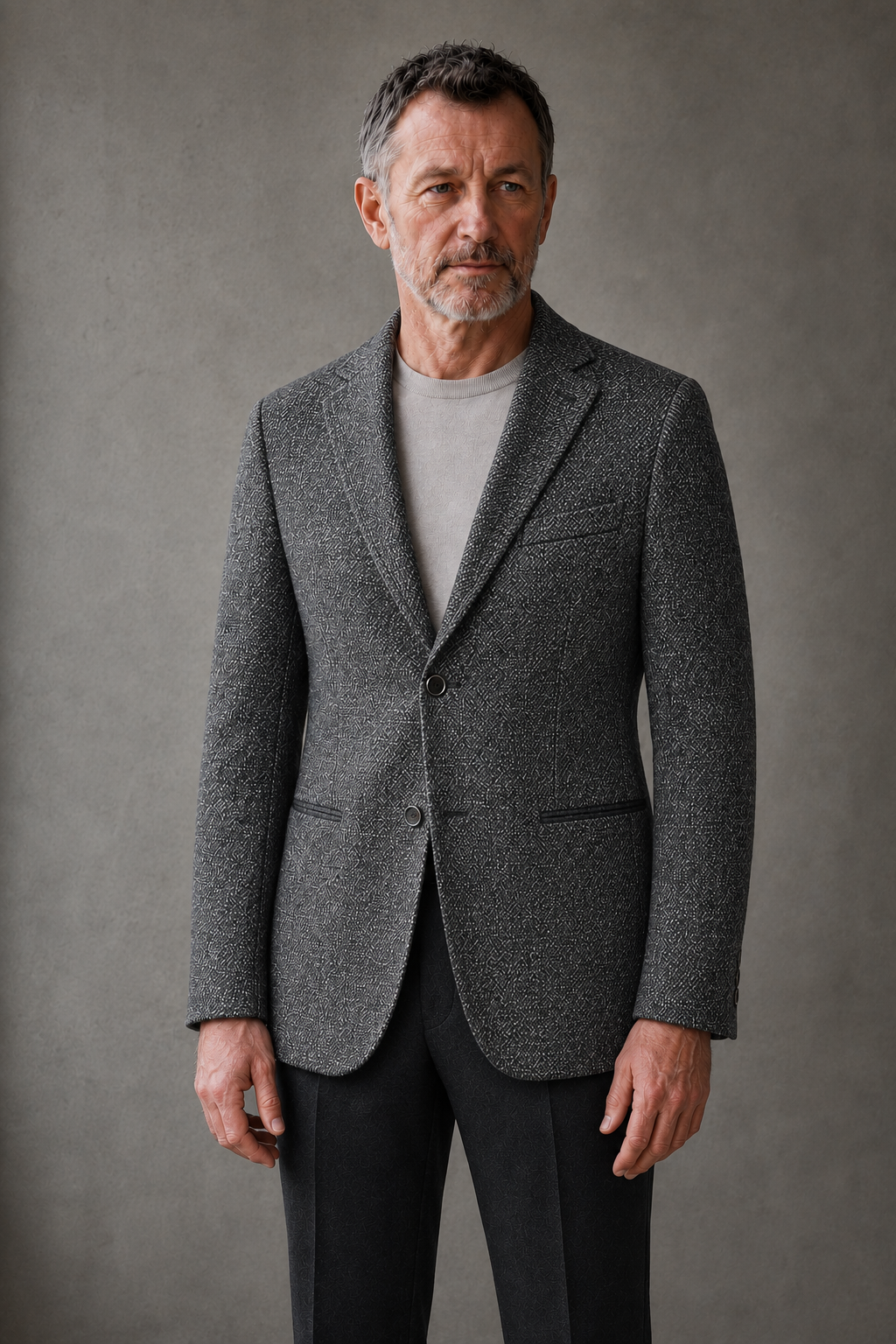 Sassicaia grey blazer torso view with natural visible hands