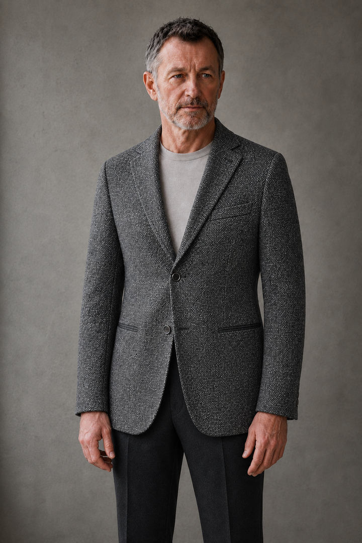 Sassicaia grey blazer torso view with natural visible hands