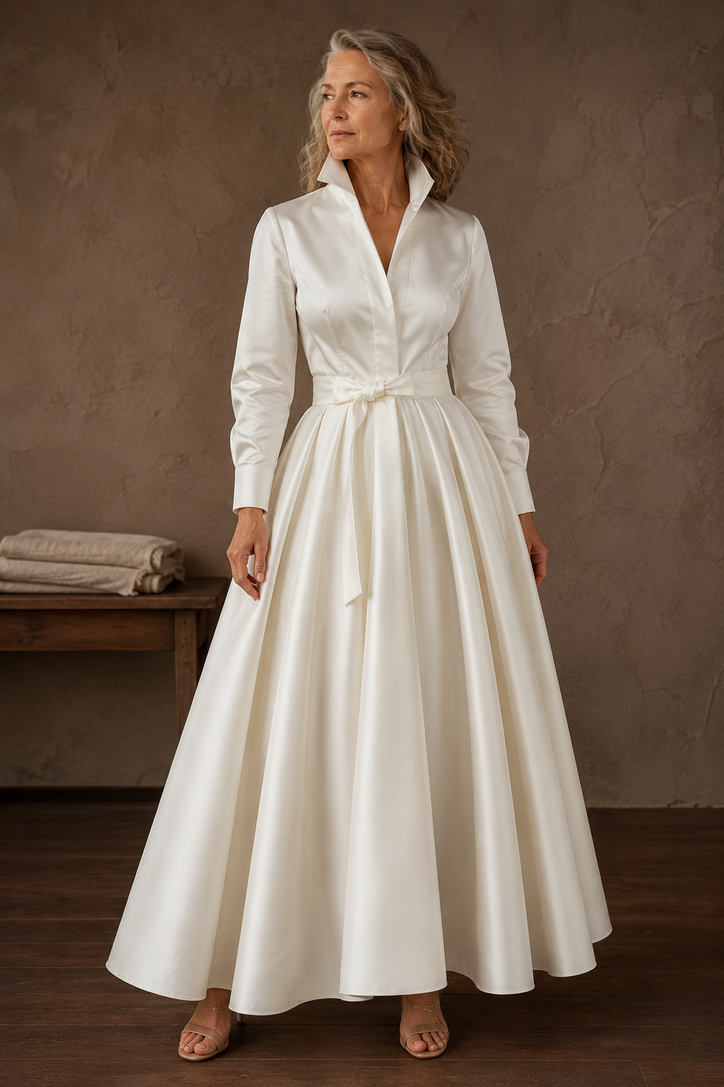 Full-length editorial image of Satin Collared Pleated Maxi Gown