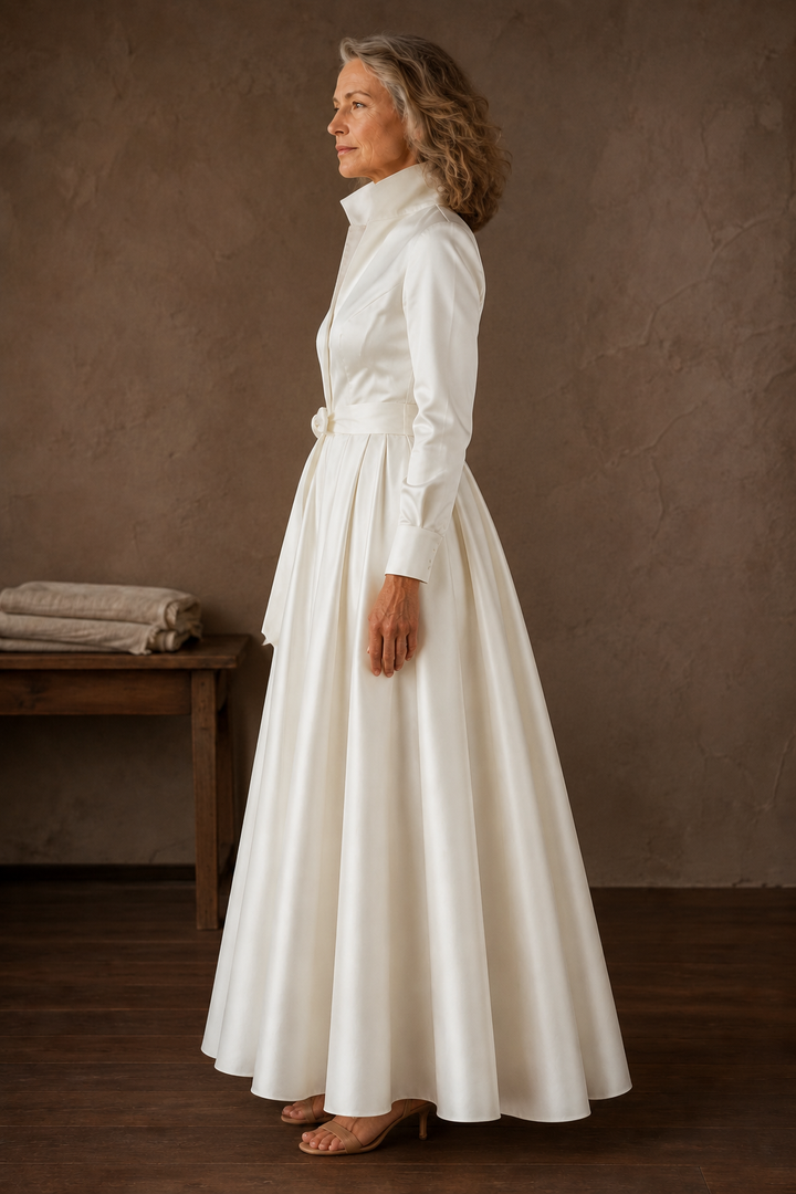 Satin Collared Pleated Maxi Gown – left side view