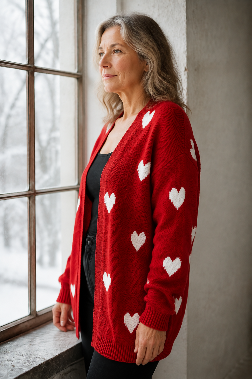Savannah | Heart Pattern Cardigan - Red