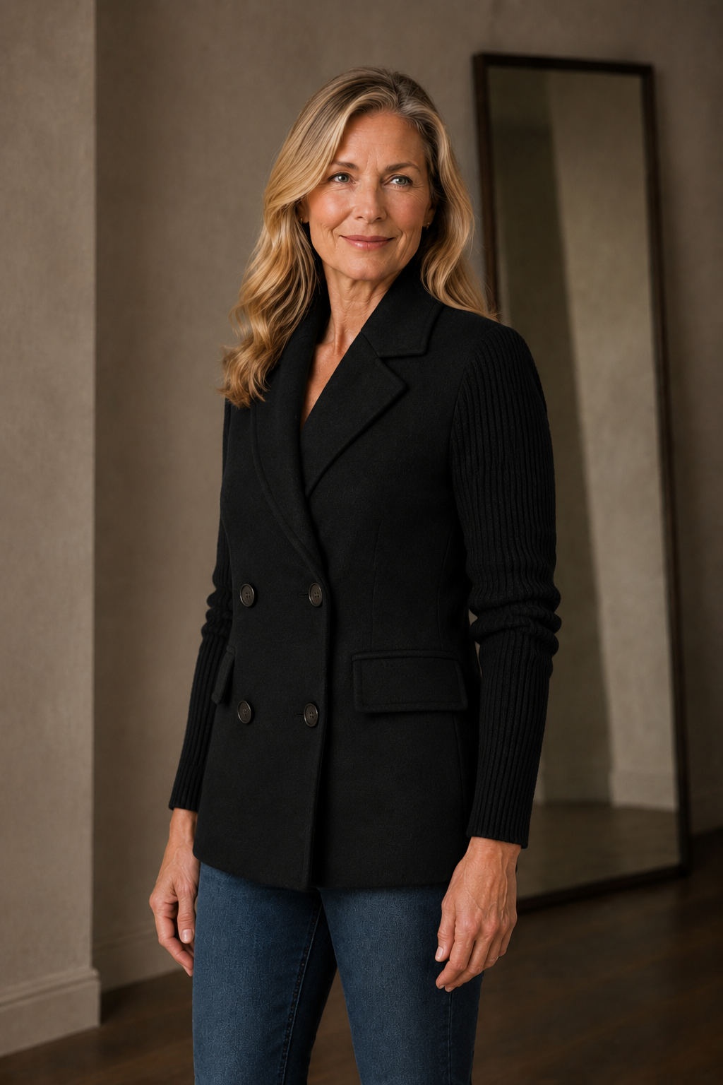 Séverine | Knit Sleeve Wool Blazer - Black