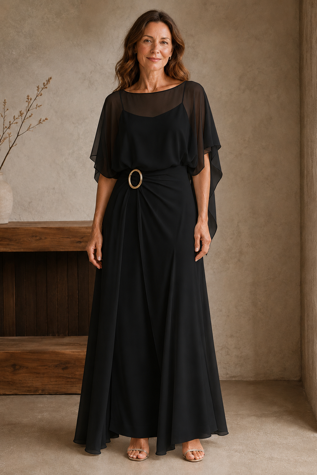 Sheer Overlay Column Dress - Black