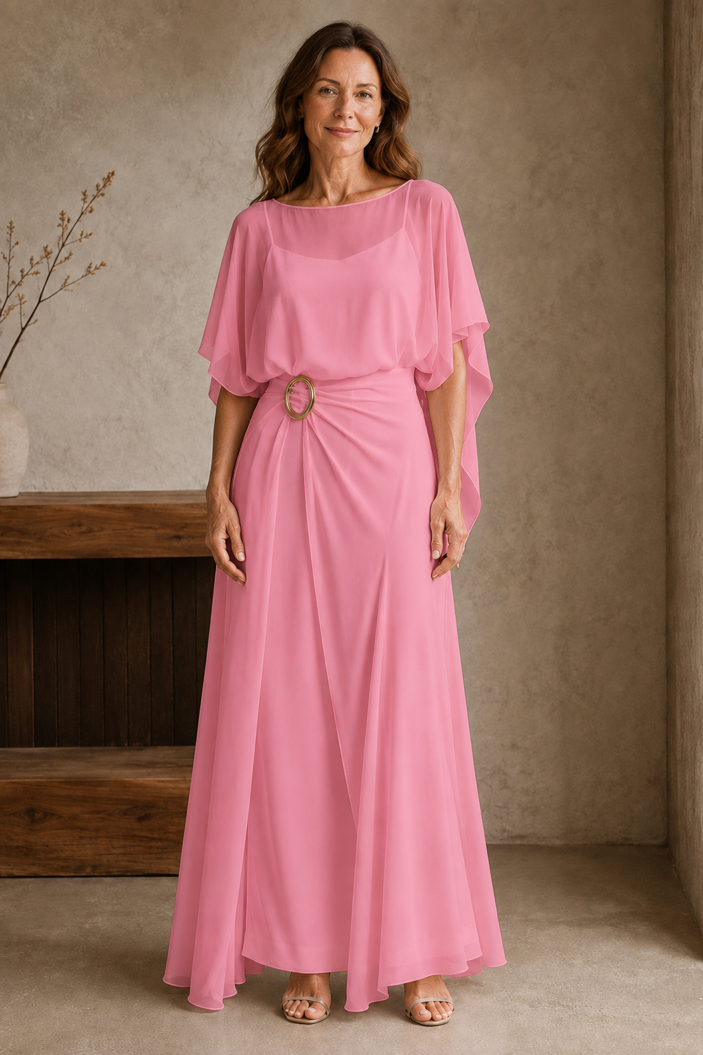 Sheer Overlay Column Dress - Pink