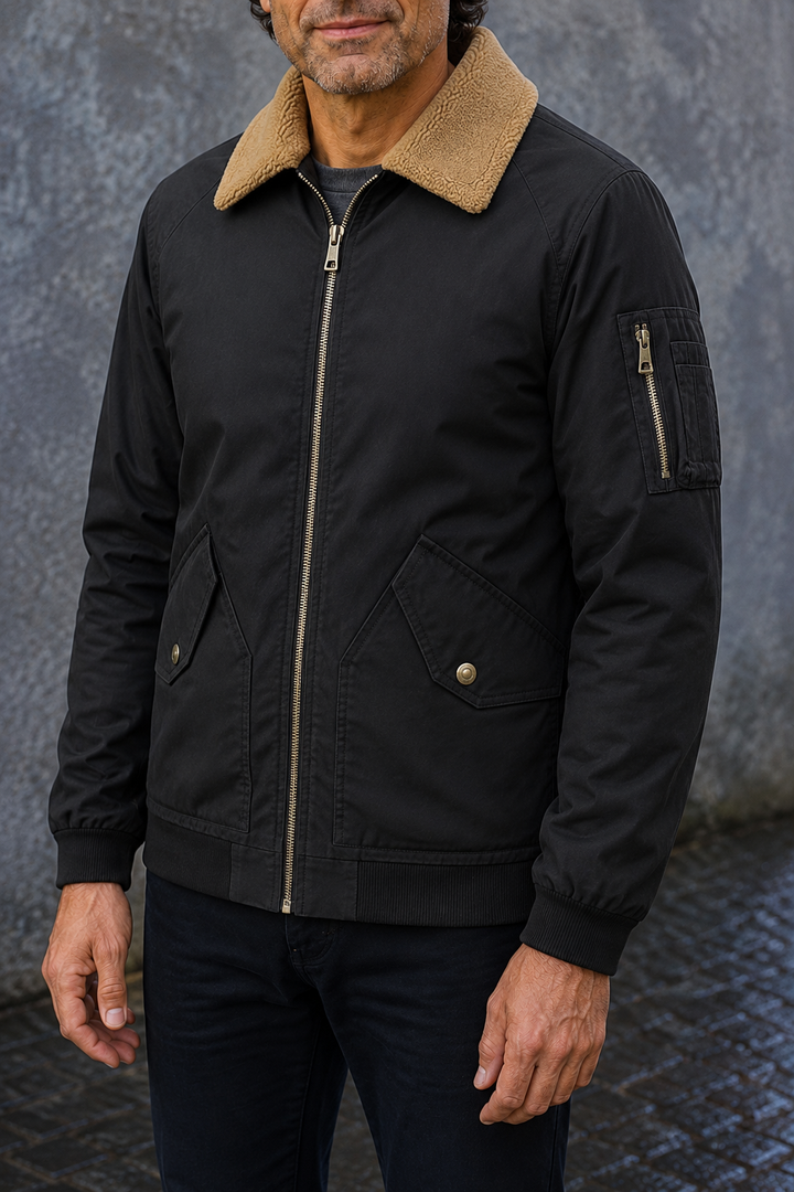 Sherpa Lined Ribbed Cuff Bomber Jacket - close-up