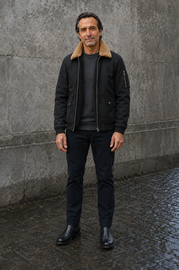 Sherpa Lined Ribbed Cuff Bomber Jacket - hero open