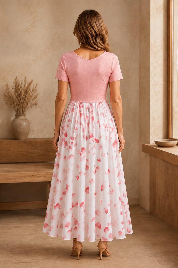 Short Sleeve Floral A Line Dress back view