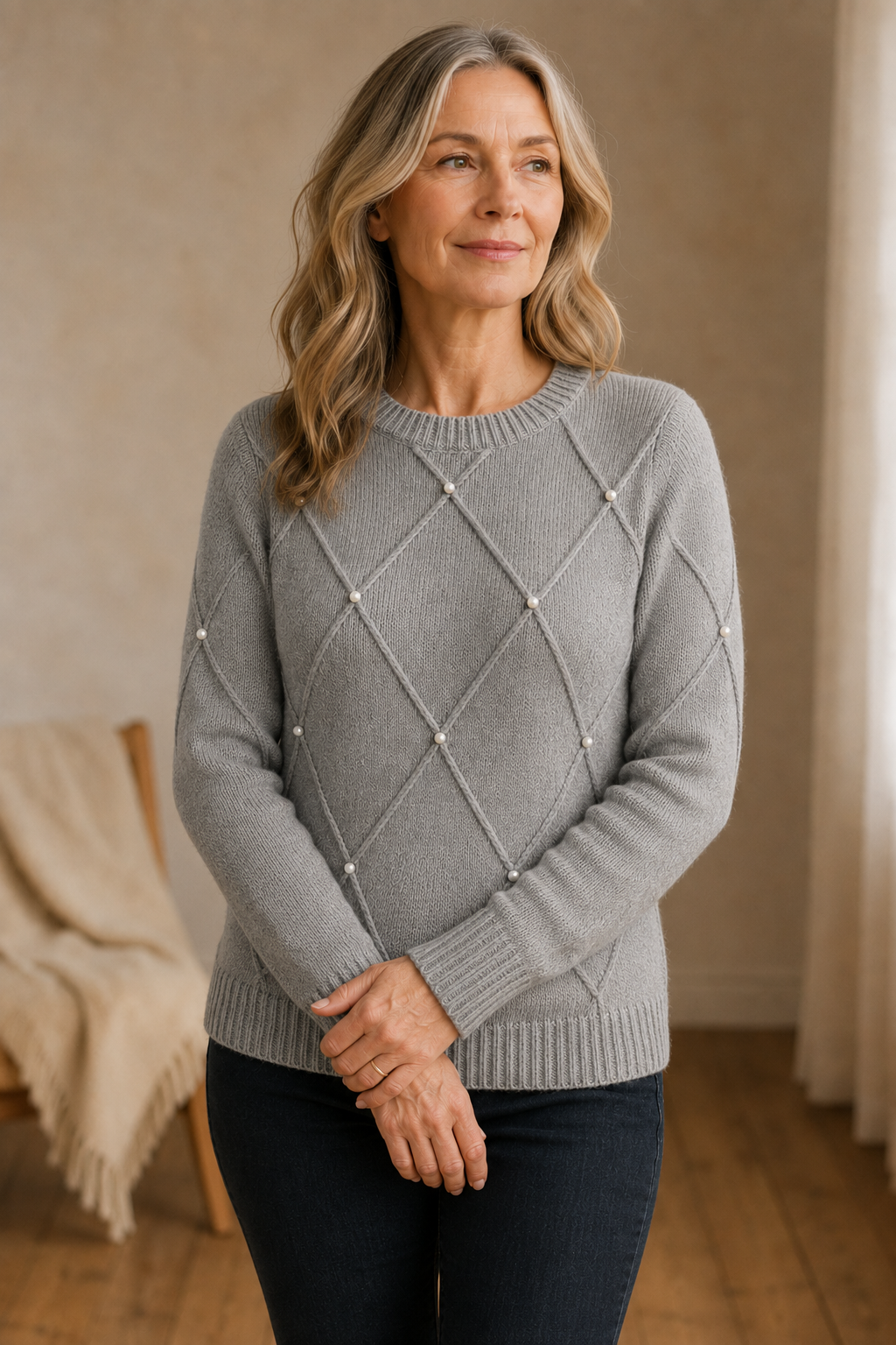 Sierra | Pearl Detail Crew Neck Sweater - Gray