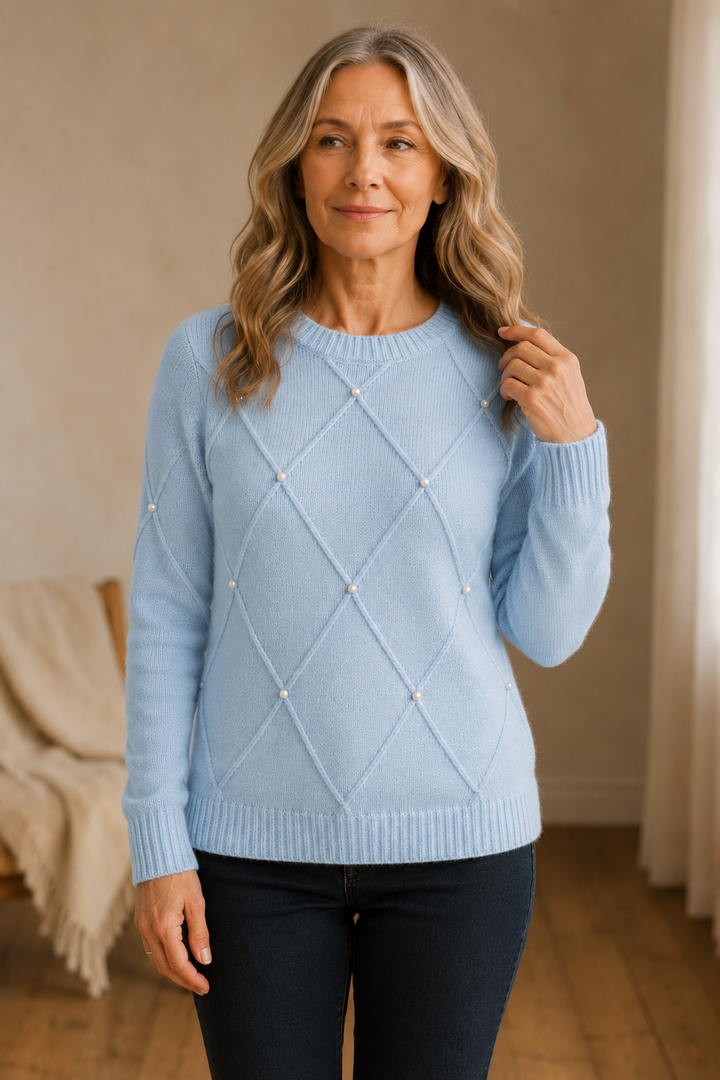 Sierra | Pearl Detail Crew Neck Sweater - Light Blue