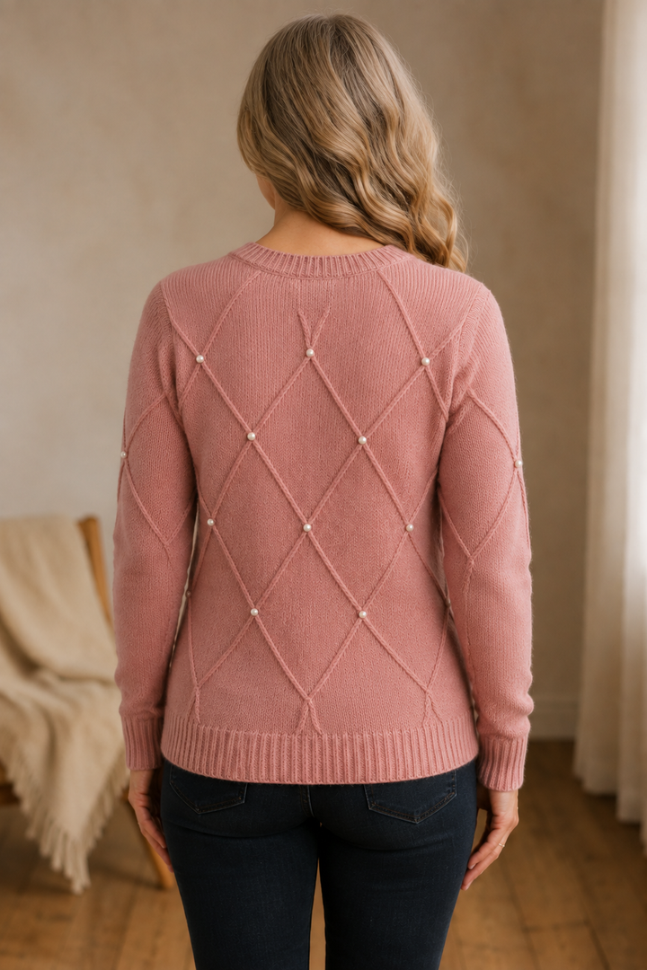 Sierra | Pearl Detail Crew Neck Sweater - Pink