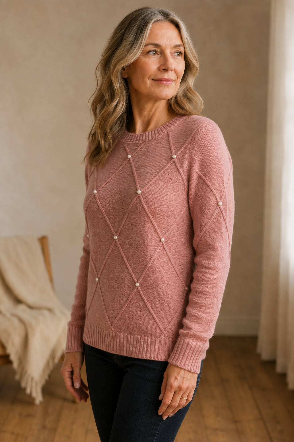 Sierra | Pearl Detail Crew Neck Sweater - Pink