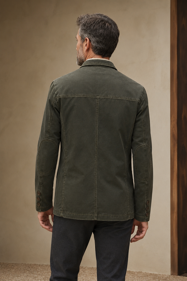 Army green washed cotton blazer back view