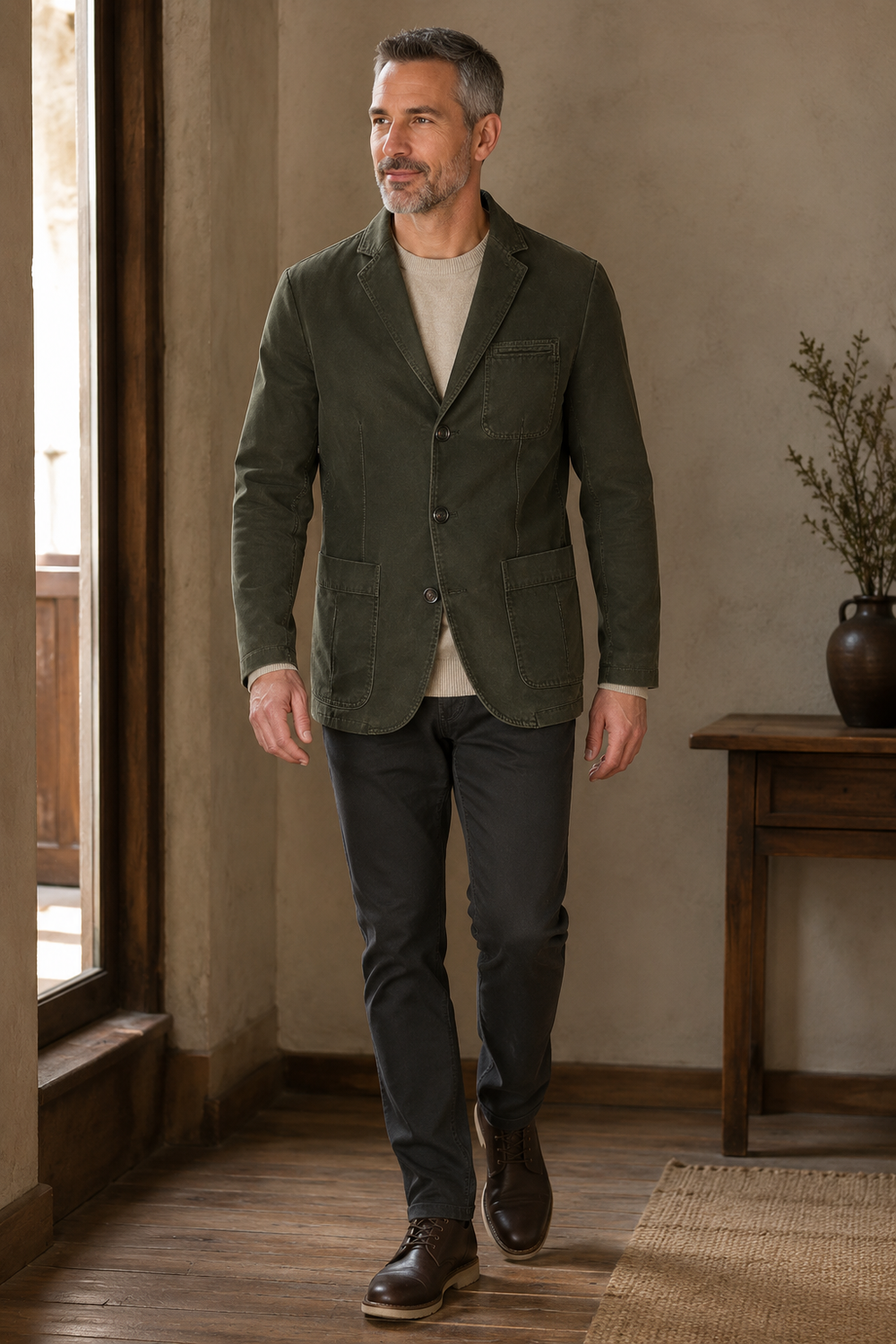 Army green washed cotton blazer full-length front