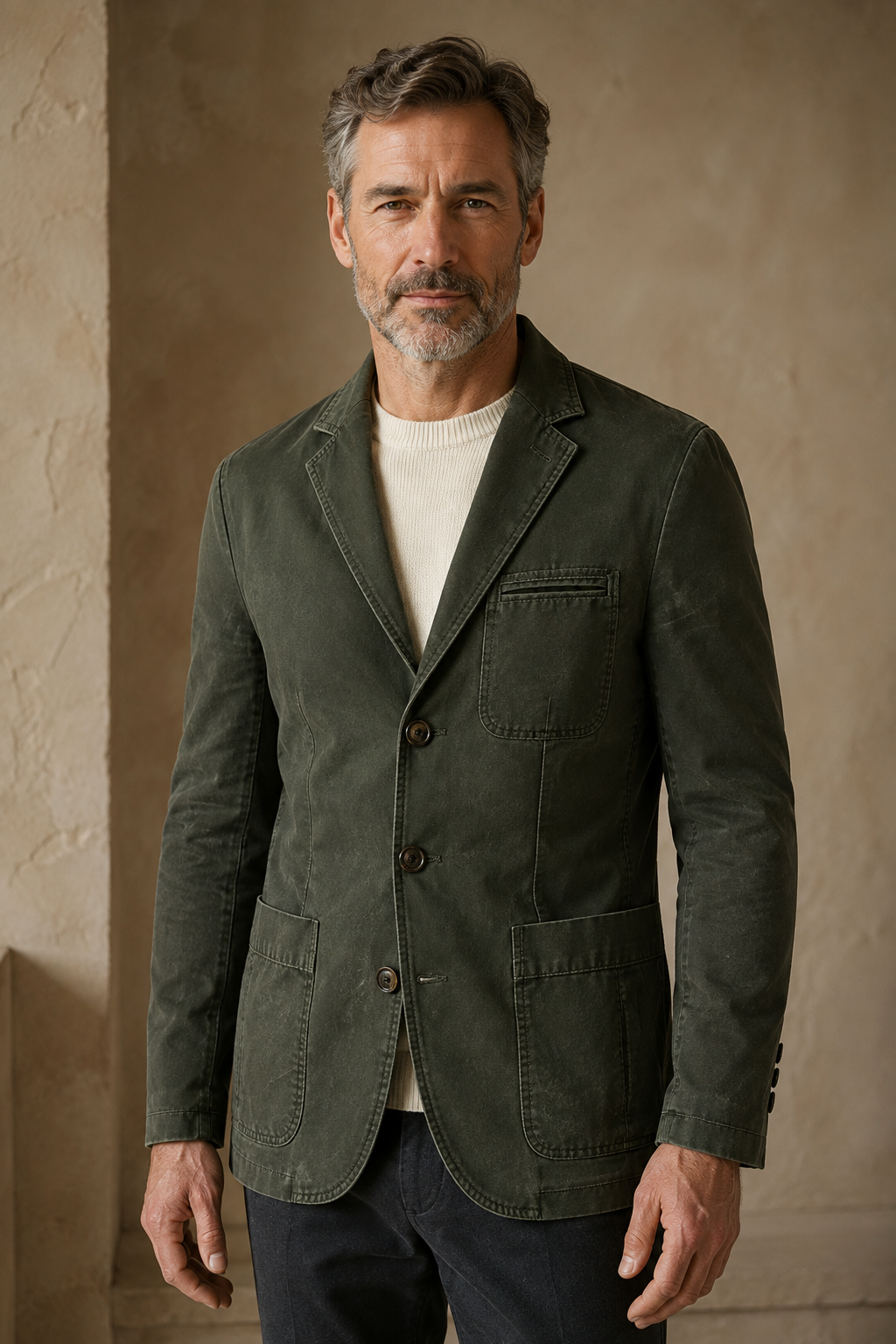 Army green washed cotton blazer hero, direct camera gaze
