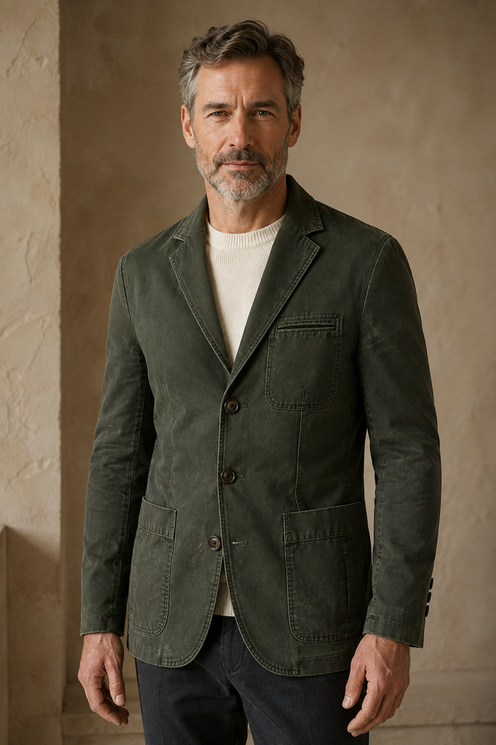 Army green washed cotton blazer hero, direct camera gaze
