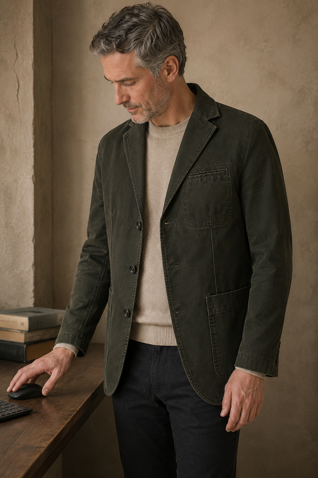 Army green washed cotton blazer side view