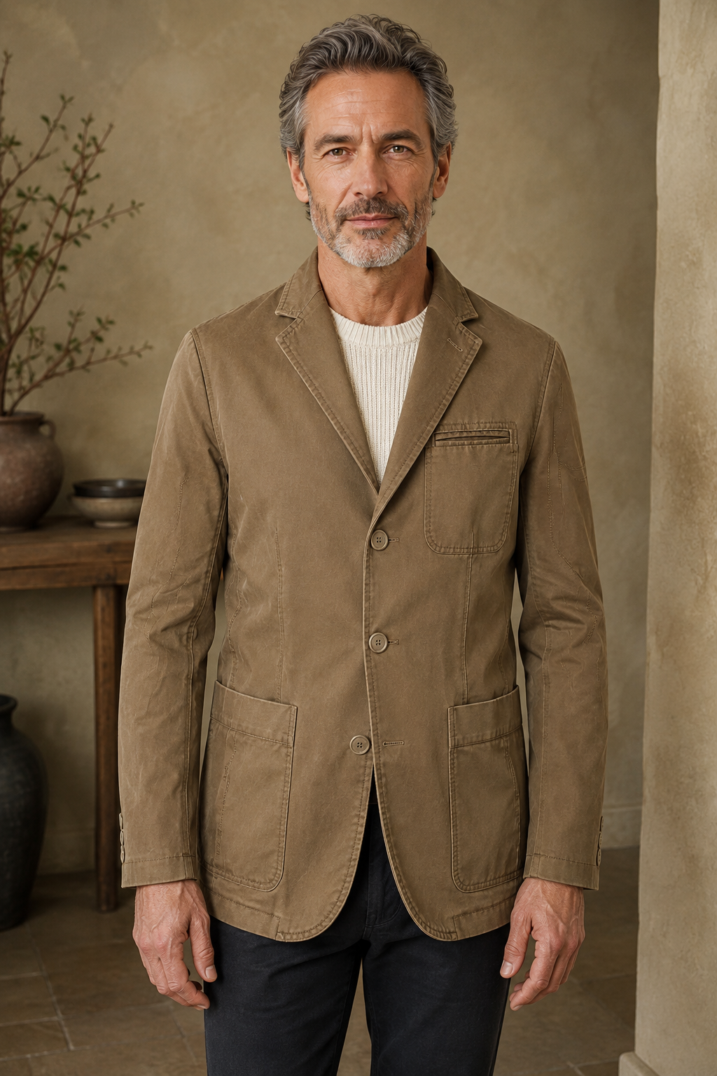 Khaki washed cotton blazer color hero, direct camera gaze
