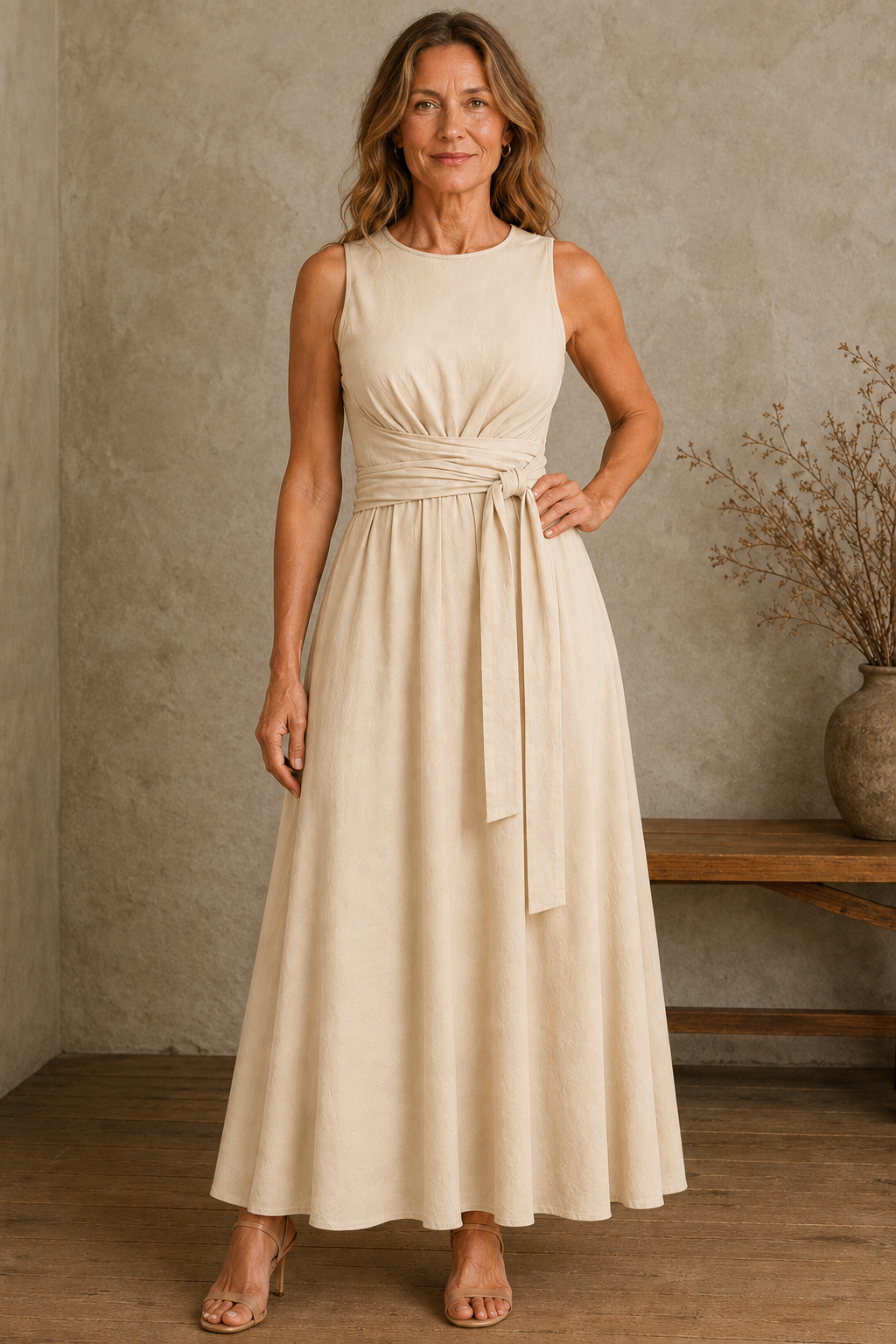 Sleeveless Bow Waist Dress - Beige