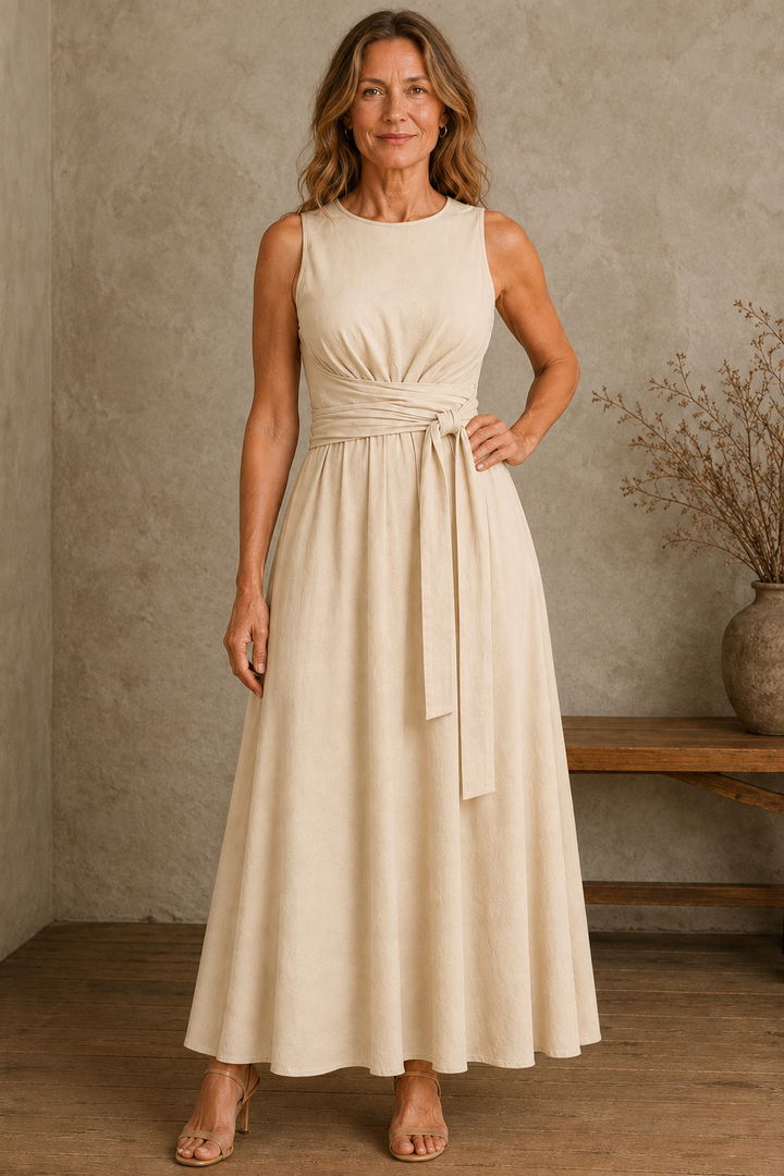 Sleeveless Bow Waist Dress - Beige