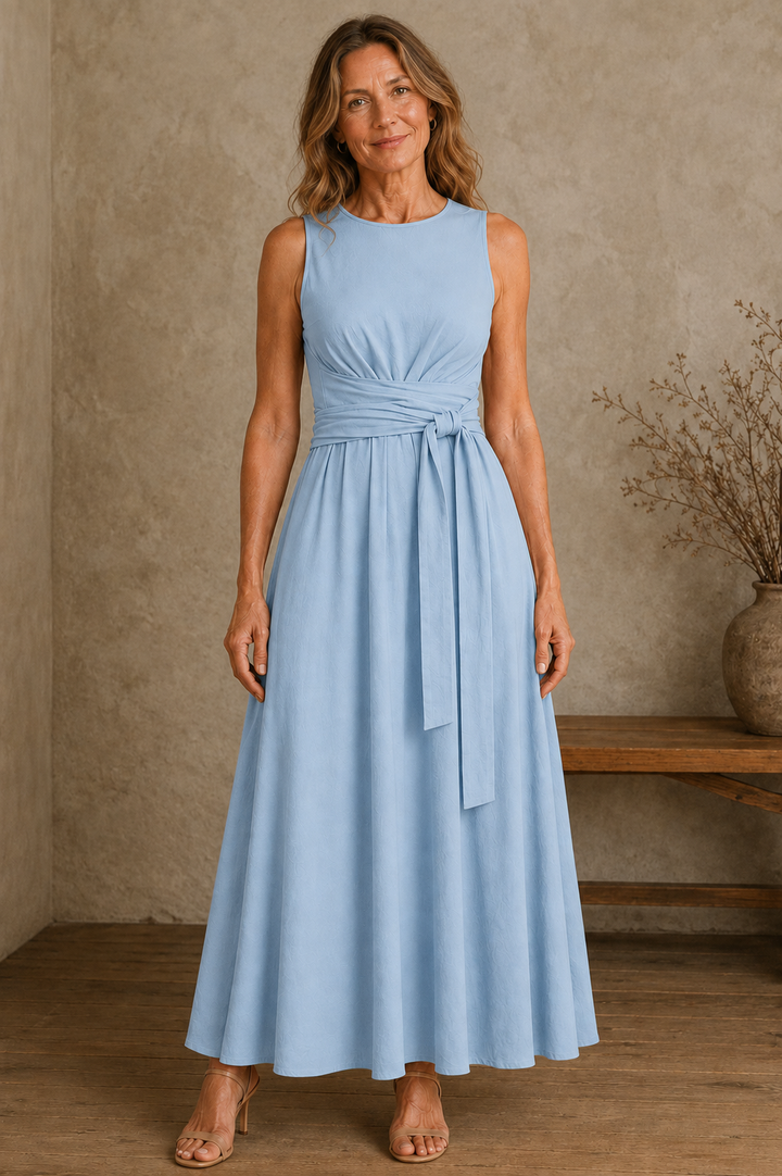 Sleeveless Bow Waist Dress - Blue