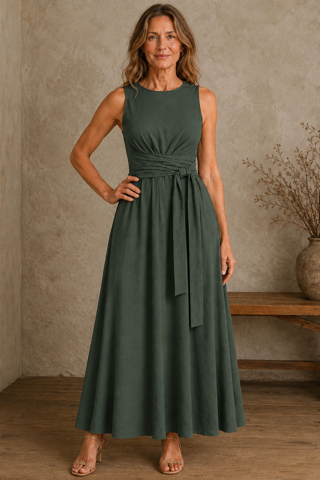 Sleeveless Bow Waist Dress - Green