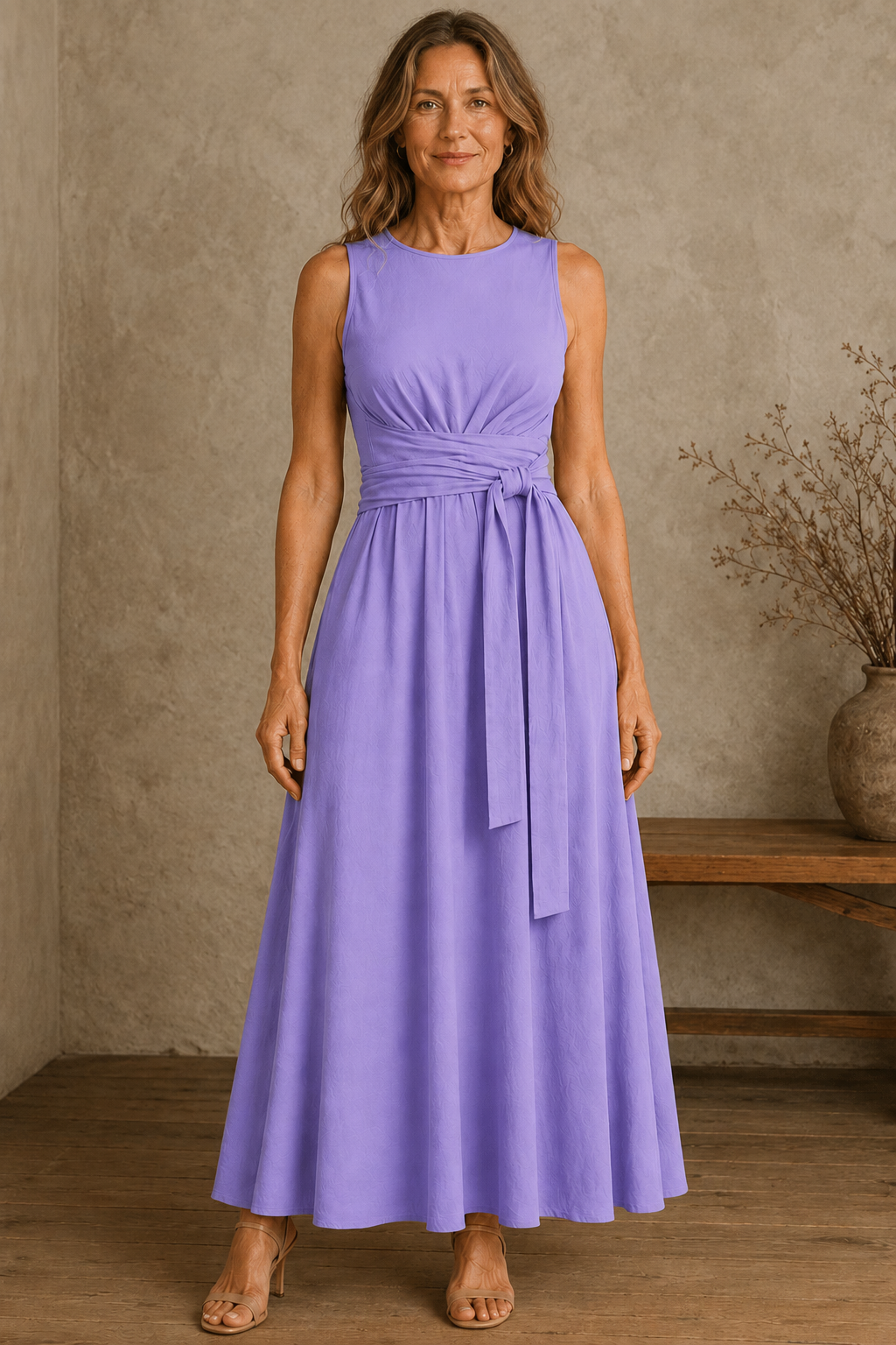Sleeveless Bow Waist Dress - Purple