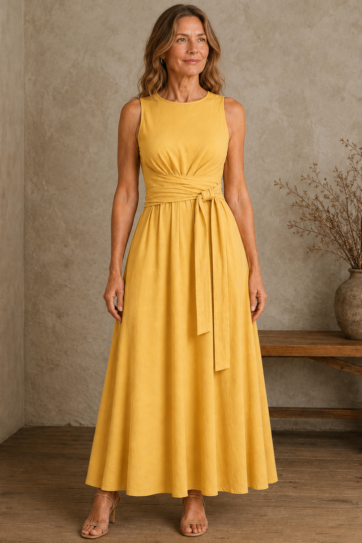 Sleeveless Bow Waist Dress - Yellow
