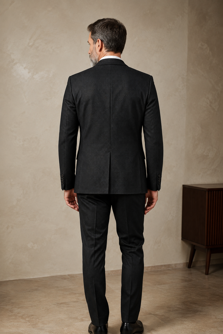 Black micro-pattern blazer back view
