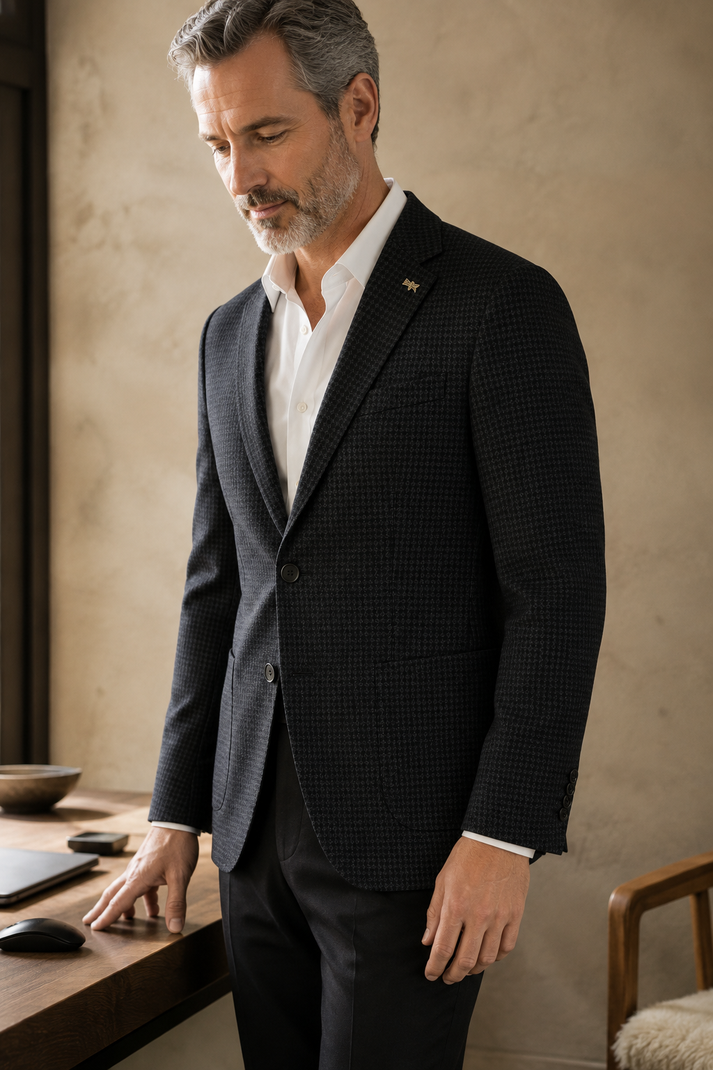 Black micro-pattern blazer three-quarter side view