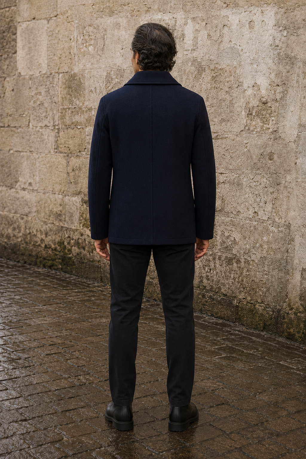 Slim Fit Wool Blend Peacoat - achterkant