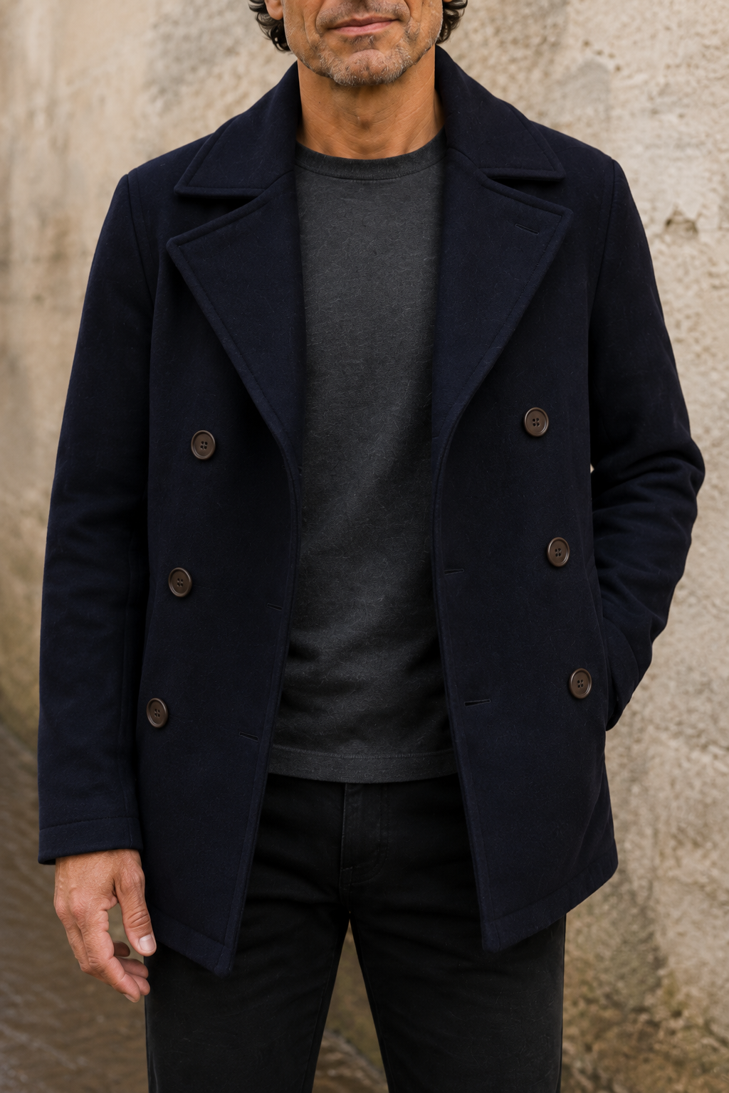 Slim Fit Wool Blend Peacoat - detail