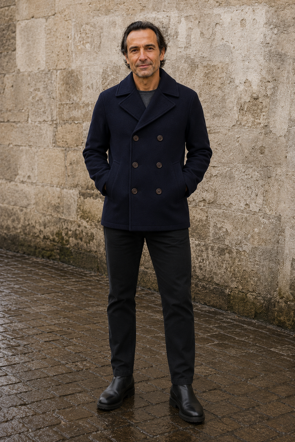 Slim Fit Wool Blend Peacoat - voorkant gesloten