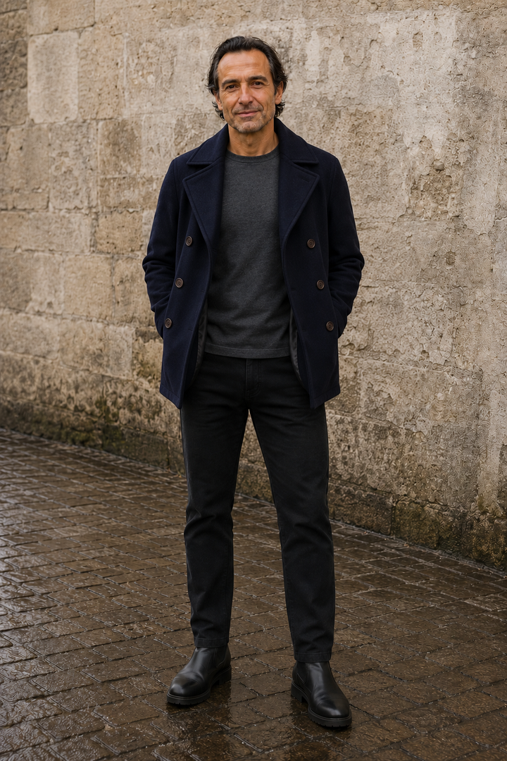 Slim Fit Wool Blend Peacoat - voorkant open