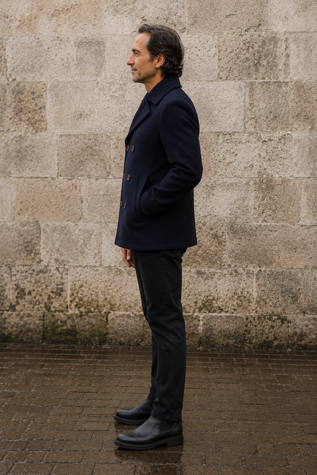 Slim Fit Wool Blend Peacoat - zijkant