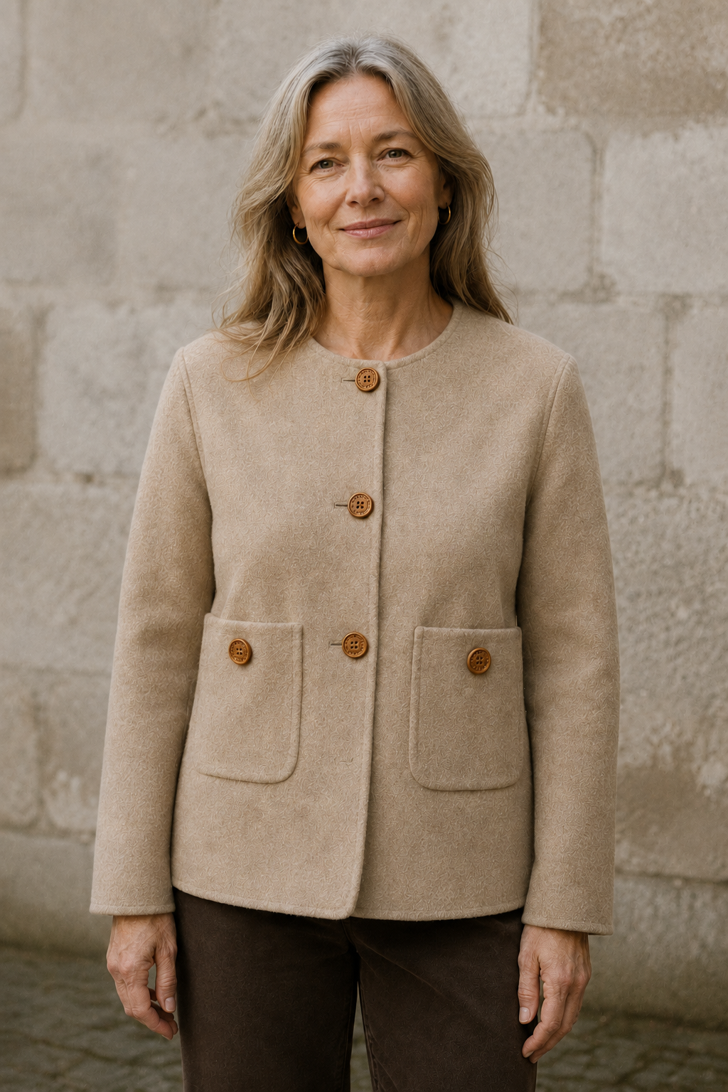 Solange | 100% Wool Collarless Coat - Beige