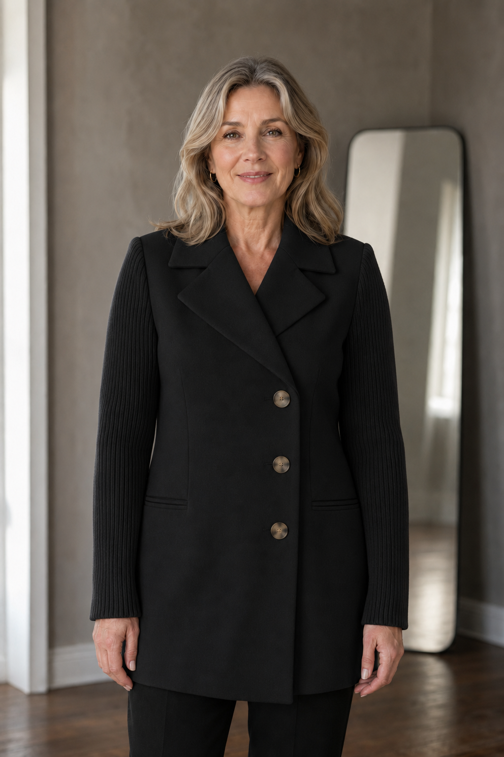 Solene | Ribbed Knit Blazer Coat - Black