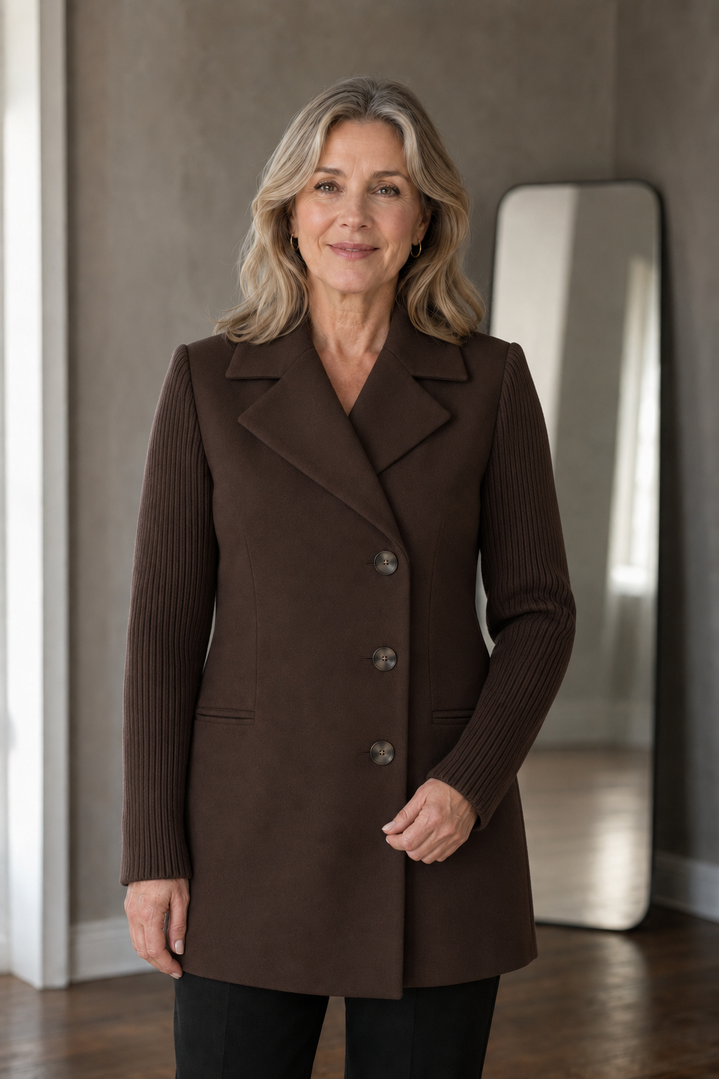 Solene | Ribbed Knit Blazer Coat - Dark Brown