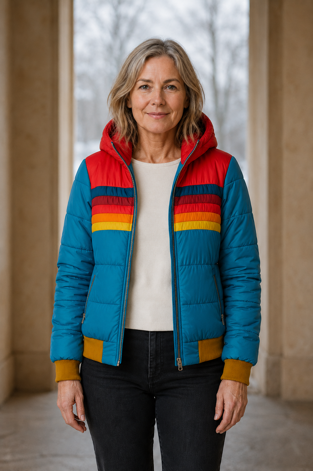 Stella colourful waterproof rain jacket open matched background