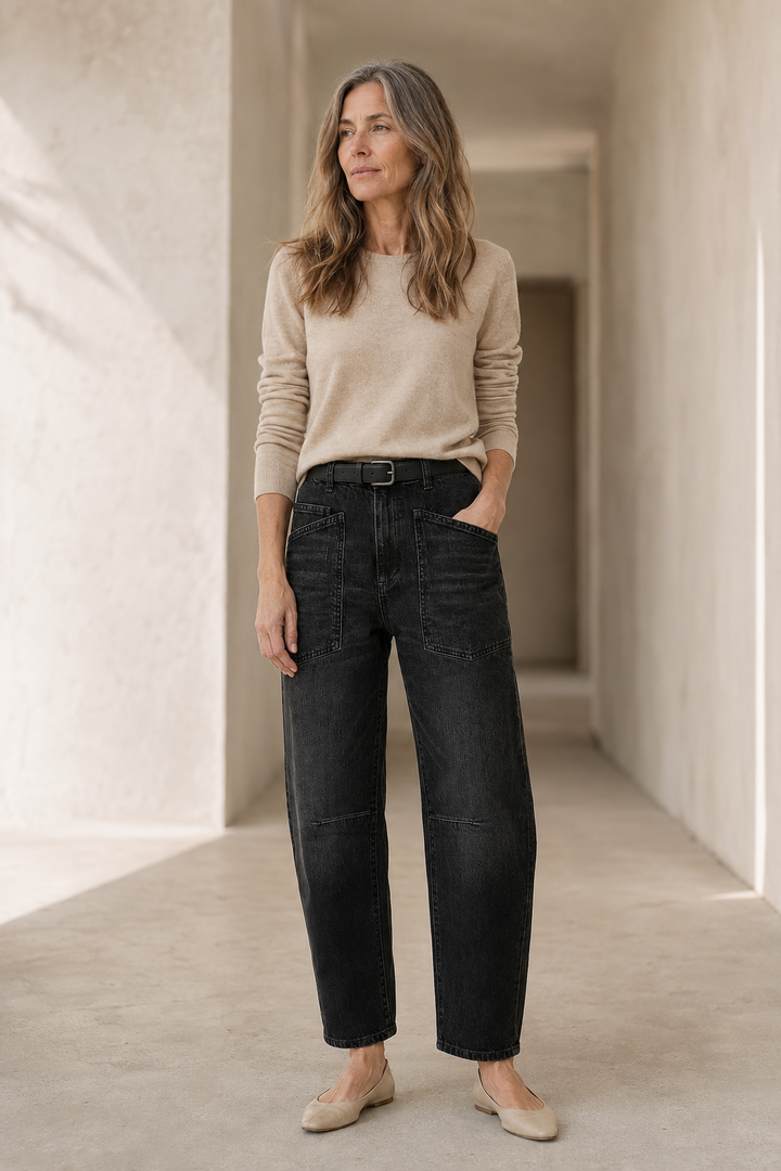 Structured Cotton Denim Barrel Leg Jeans