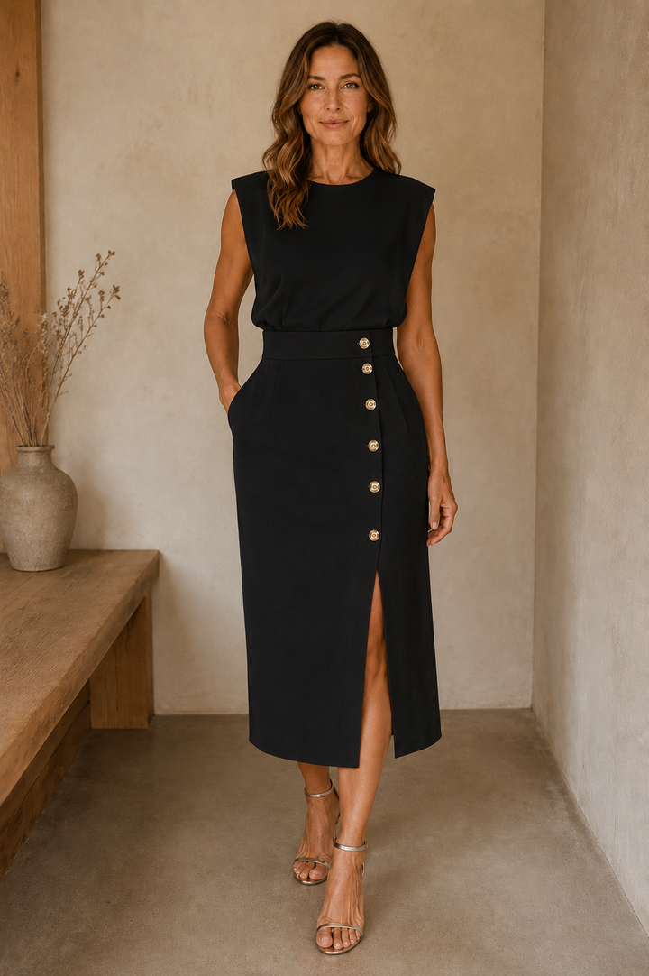 Structured Side Slit Midi Dress - Black