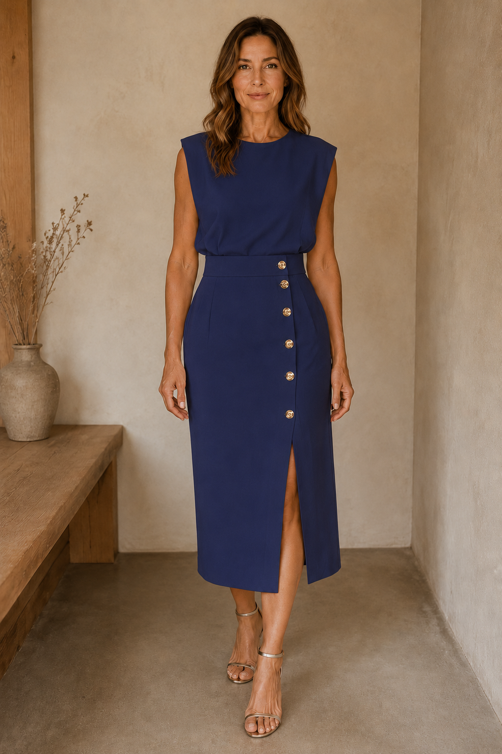 Structured Side Slit Midi Dress - Blue