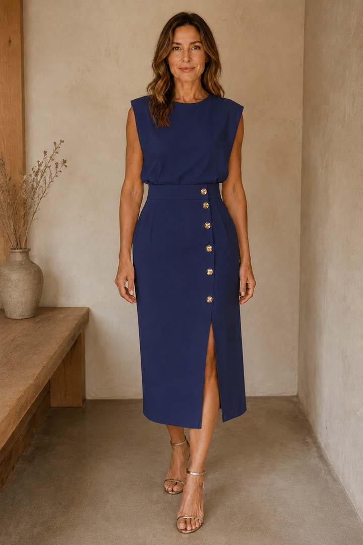 Structured Side Slit Midi Dress - Blue