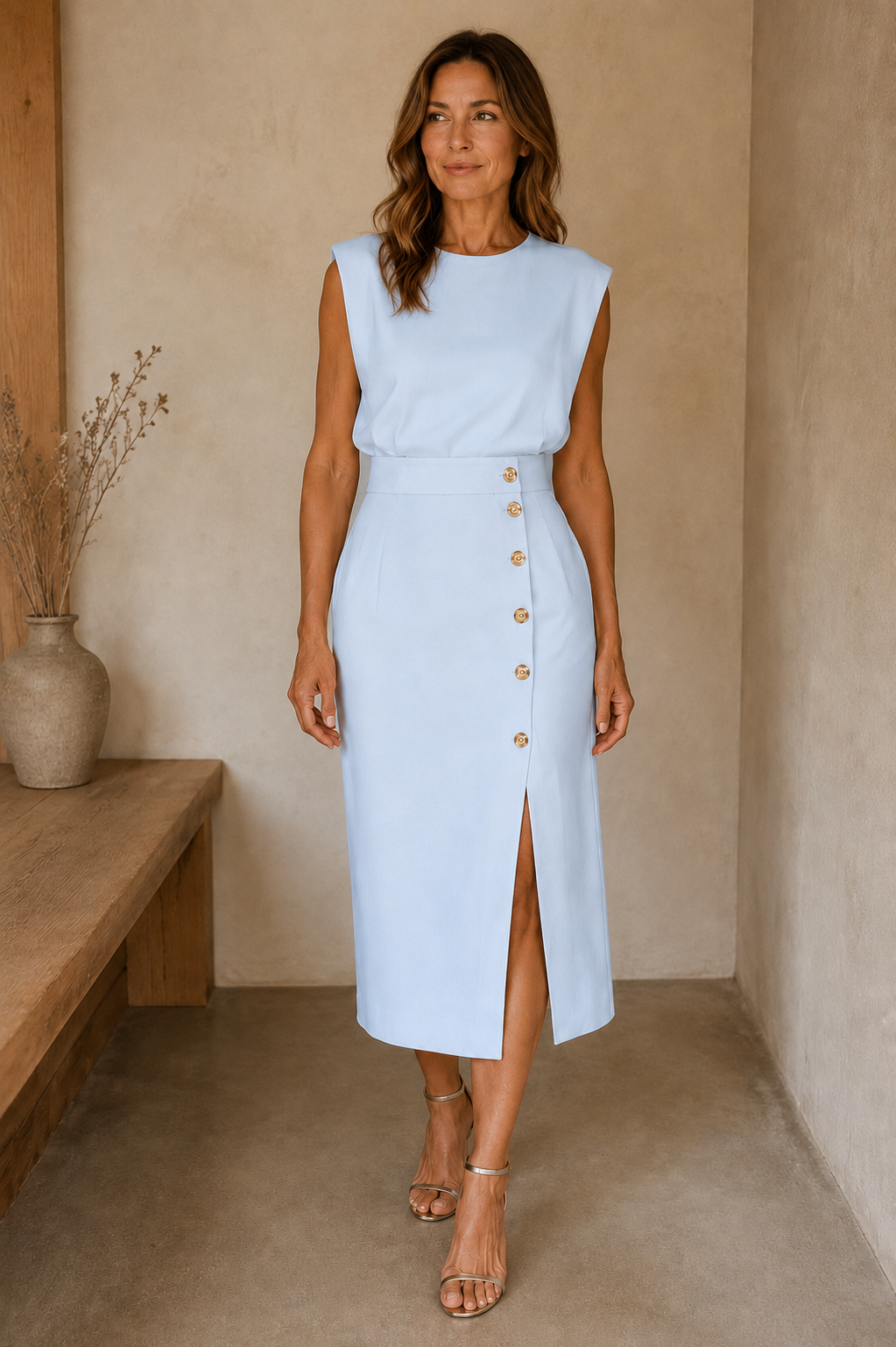 Structured Side Slit Midi Dress - Light Blue