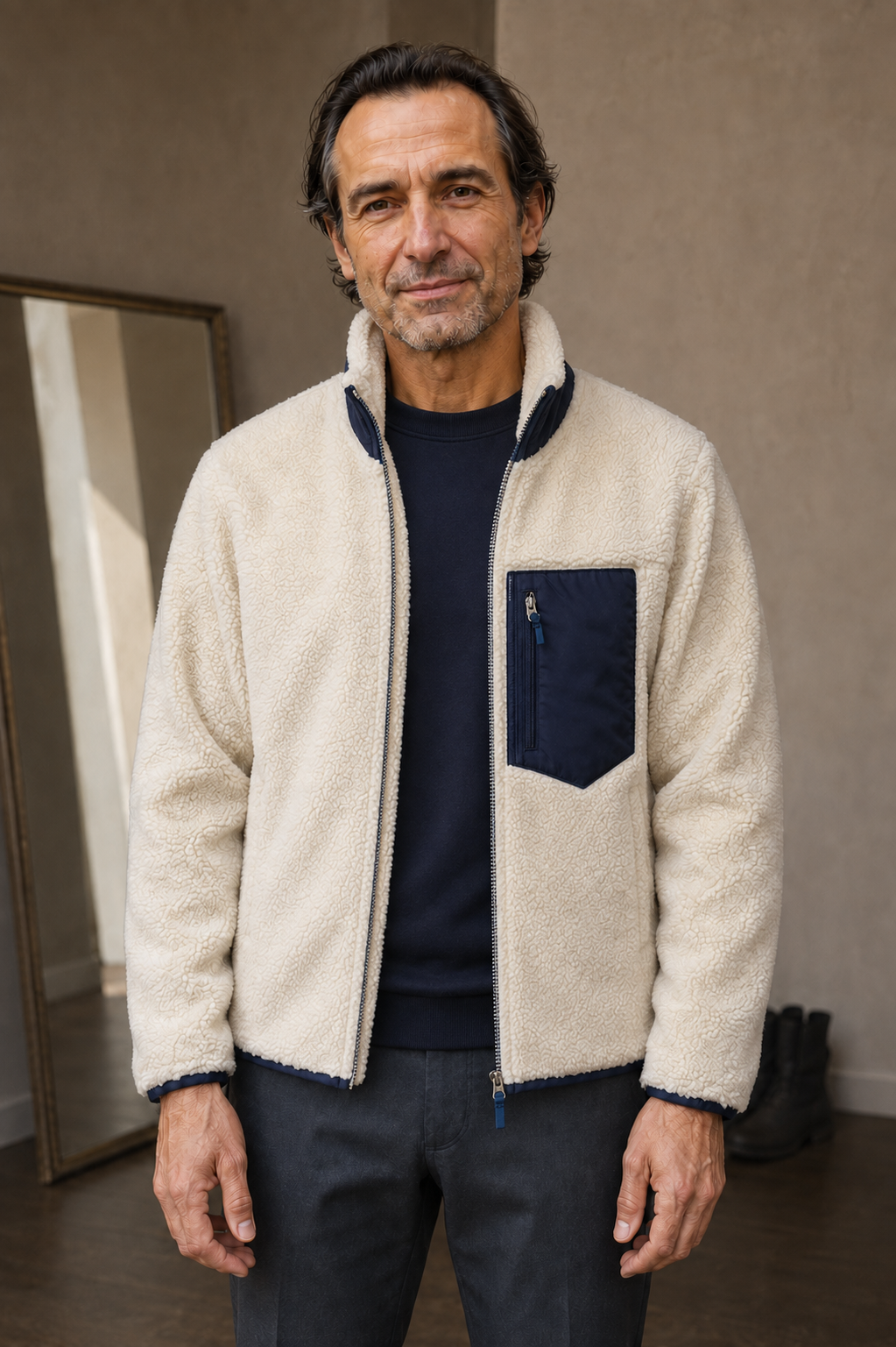 Teddy Wool High Collar Zip Jacket - hero open
