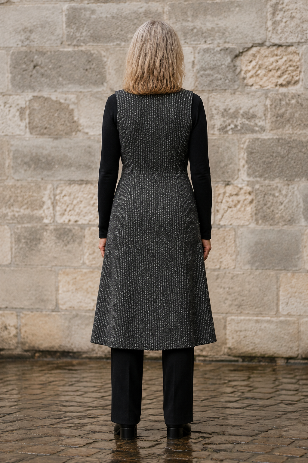 Thérèse | Longline Tweed Wrap Vest - Grey