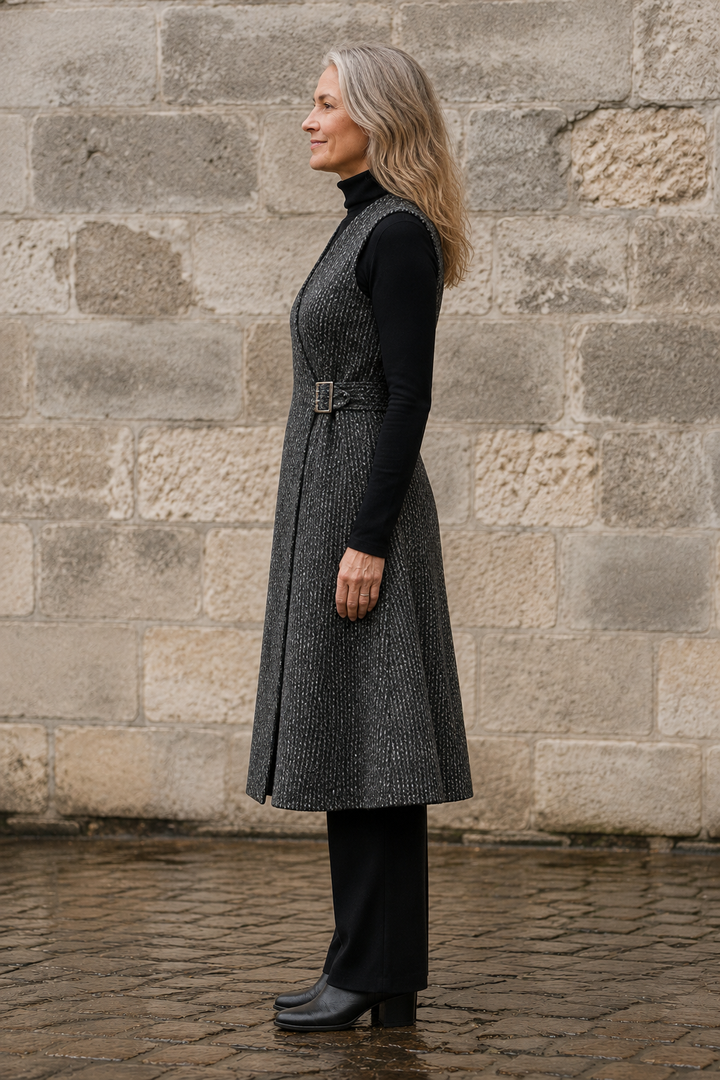 Thérèse | Longline Tweed Wrap Vest - Grey