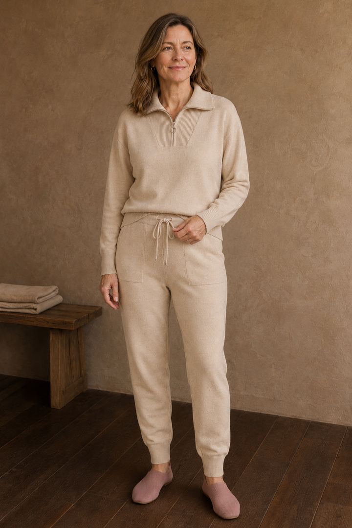 Thomasine | Half Zip Knit Two Piece Set - Sand