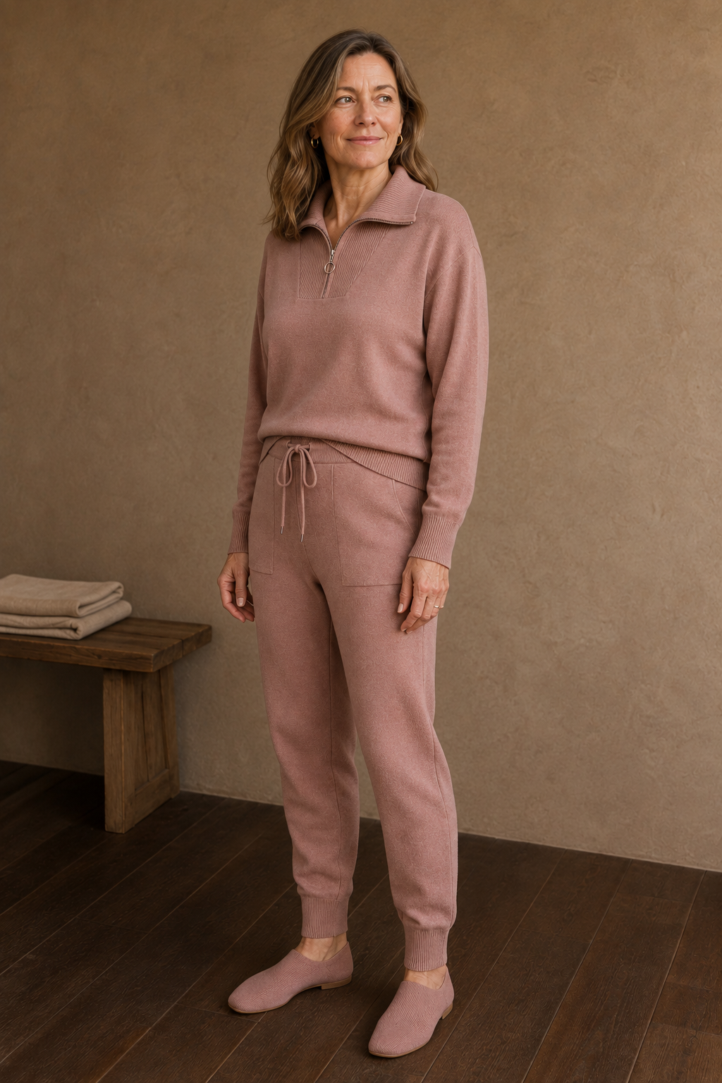 Thomasine | Half Zip Knit Two Piece Set - Peach