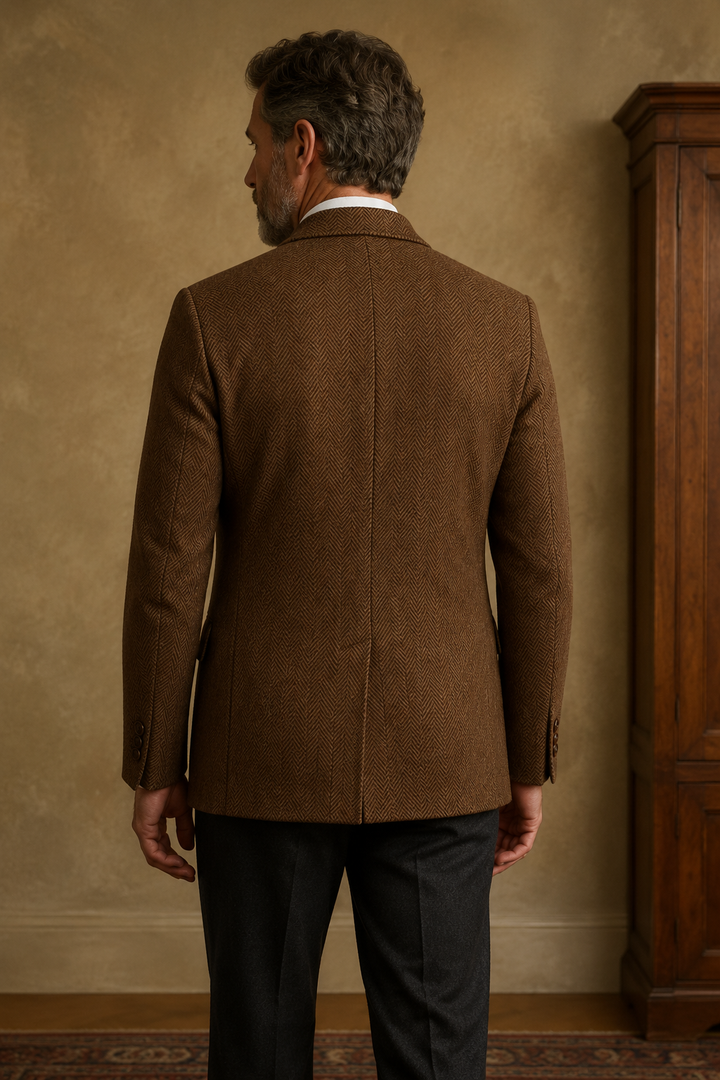 Dark brown herringbone tweed blazer back view