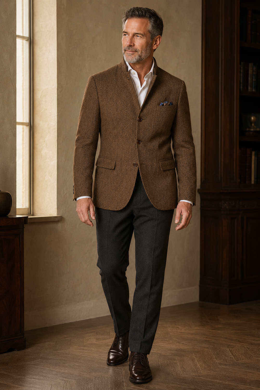 Dark brown herringbone tweed blazer full-length front
